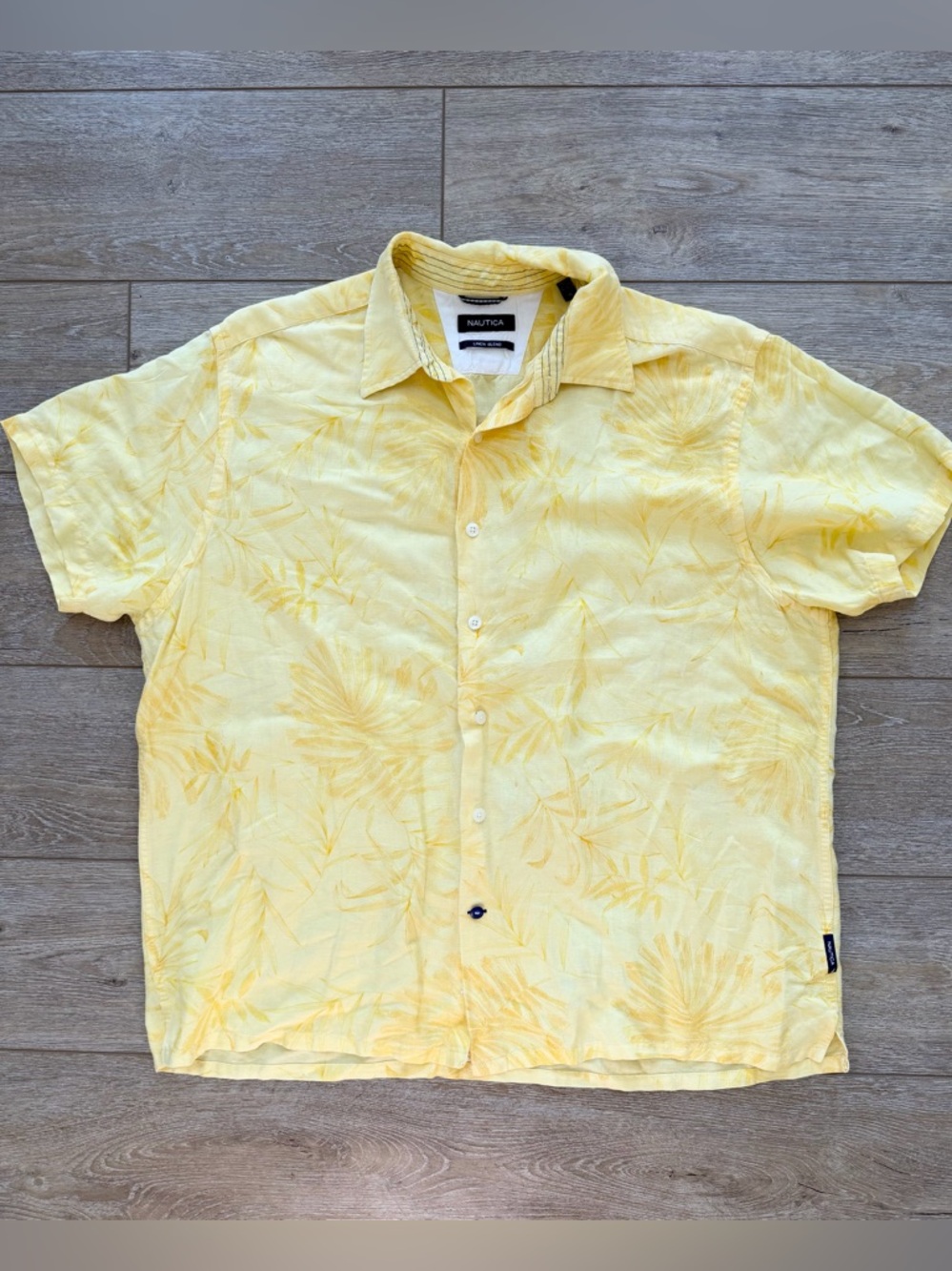 Nautica Linen Blend Tropical Palm Print Button Down Casual Shirt Yellow Men XL